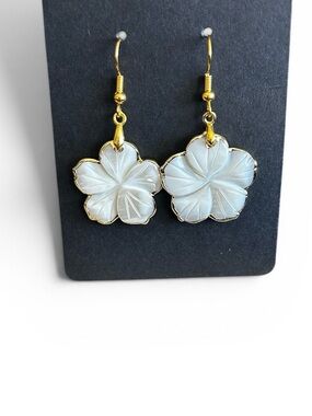 Gold-Trim White Flower Drop Earrings - Women Jewelry